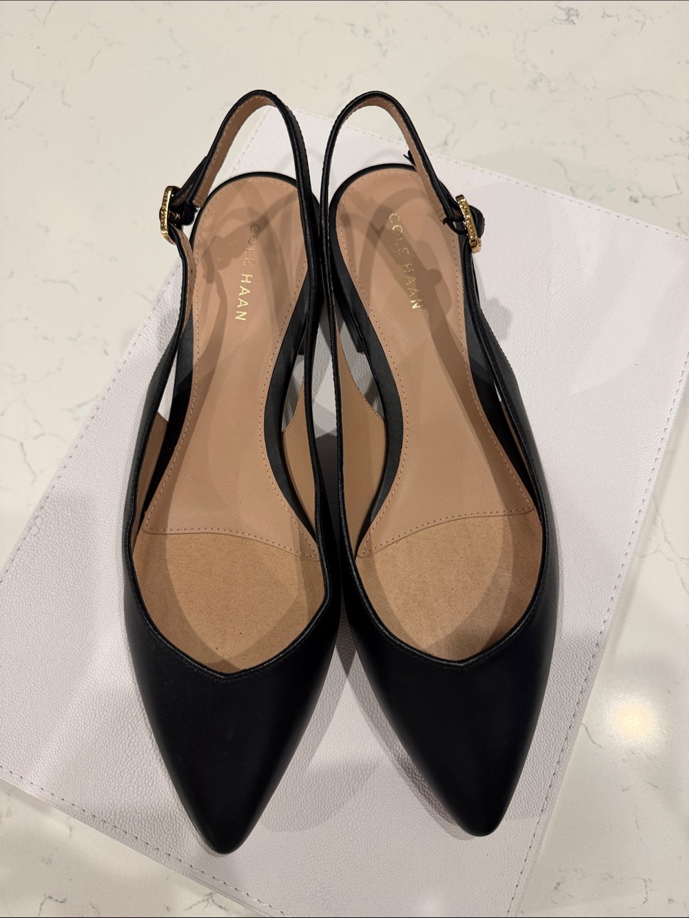 Cole Haan Black Pointed Slingback Flats with Gold Buckle